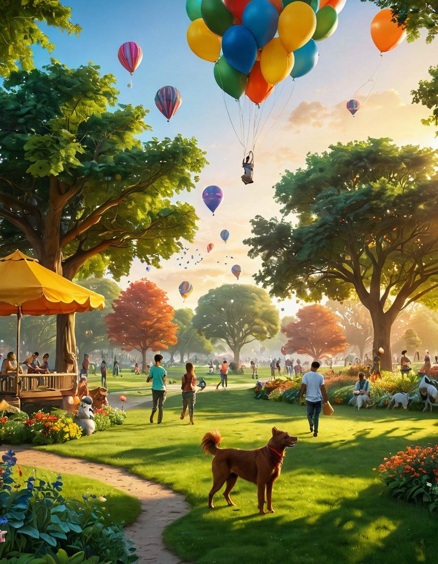 A serene landscape featuring a vibrant sun rising over a joyful park where diverse people share cheerful moments, laughing and interacting; a lush green vibe, balloons floating in the air, and playful animals. The scene encapsulates happiness and mental wellness through bright colors and an aura of tranquility. super-realistic. vibrant colors. peaceful atmosphere.