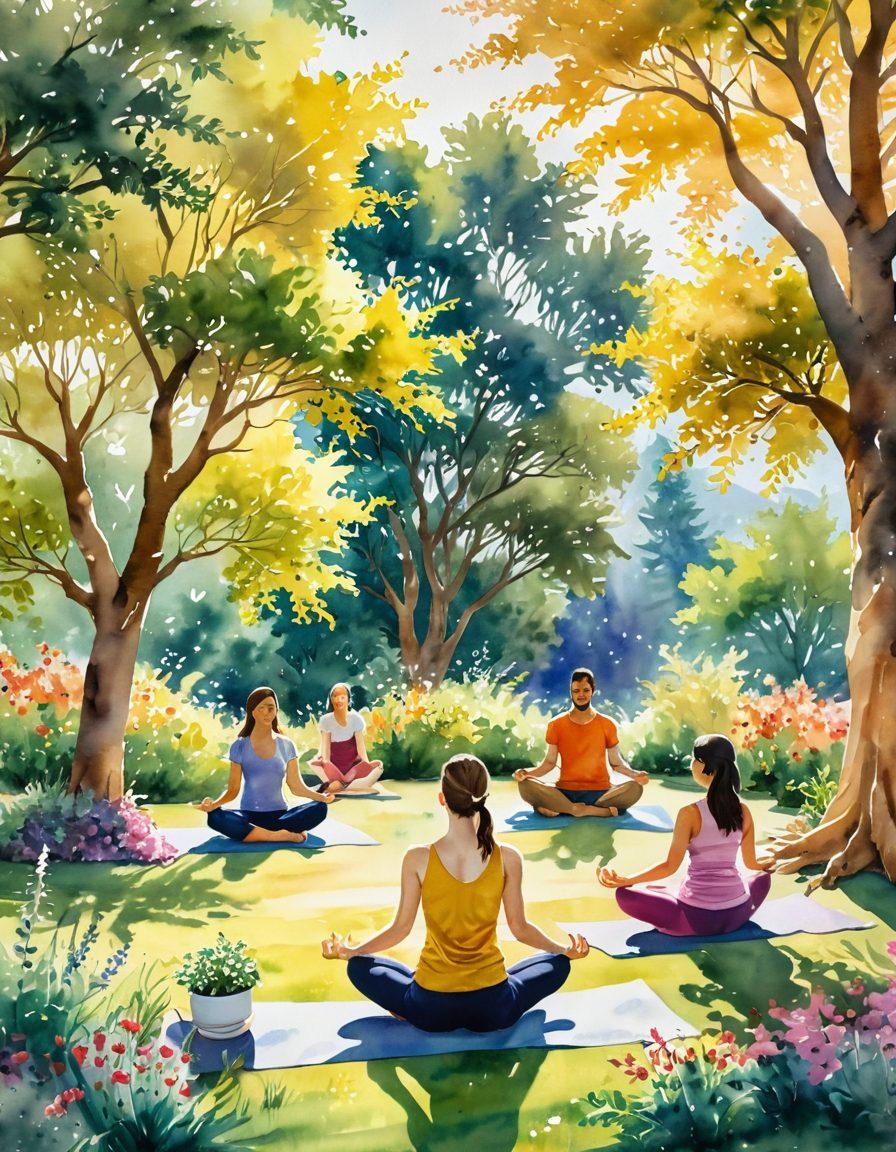 A serene landscape bathed in warm sunlight, featuring a diverse group of people joyfully engaging in activities like yoga, meditation, and laughter-filled conversations. Sprinkle in elements of nature, such as blooming flowers and vibrant trees, to symbolize growth and positivity. Add a soft golden aura around the figures to signify positive energy and wellness. watercolor painting. vibrant colors. peaceful atmosphere.