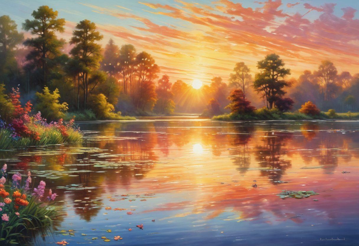 A serene landscape depicting a tranquil lake reflecting a vibrant sunrise, with ripples radiating outward. Include a diverse group of people engaged in joyful activities such as dancing and laughing at the water's edge. The foreground features blooming flowers and butterflies to symbolize delight. Use warm and uplifting colors to convey elation. impressionistic style. vibrant colors.
